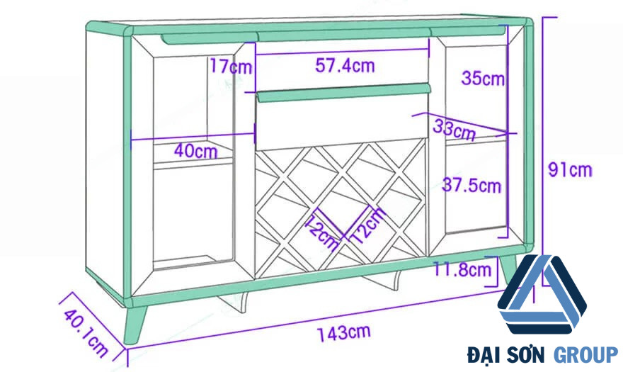 Kích tước tủ rượu gỗ sồi DS-2105